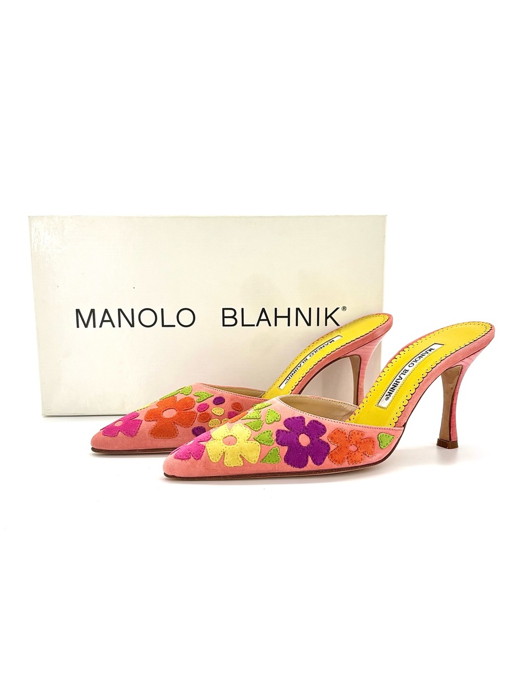 NIB Vintage Manolo Blahnik Floral Pastel Pointed Toe Heeled Mule Pumps 35.5 - Picture 2 of 9